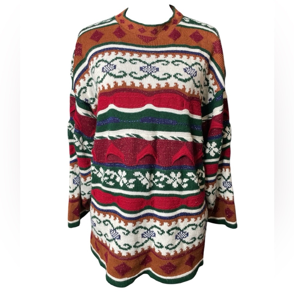 Vintage Huntington Ridge Colorful Red, Green, White, Brown Patterned Sweater